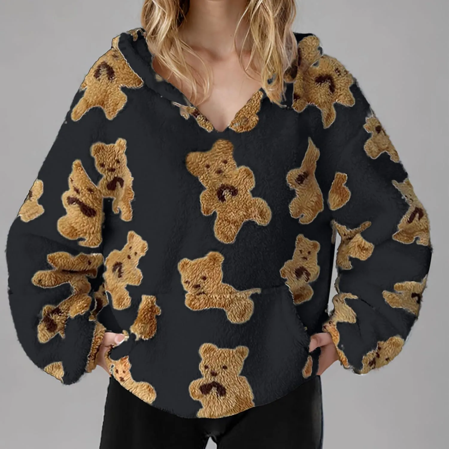 Hoodies For Teen Girls Oversized Sherpa Hoodie Women Fuzzy Fleece Hooded Sweatshirt Cute Teddy Bear Print Pullover Tops