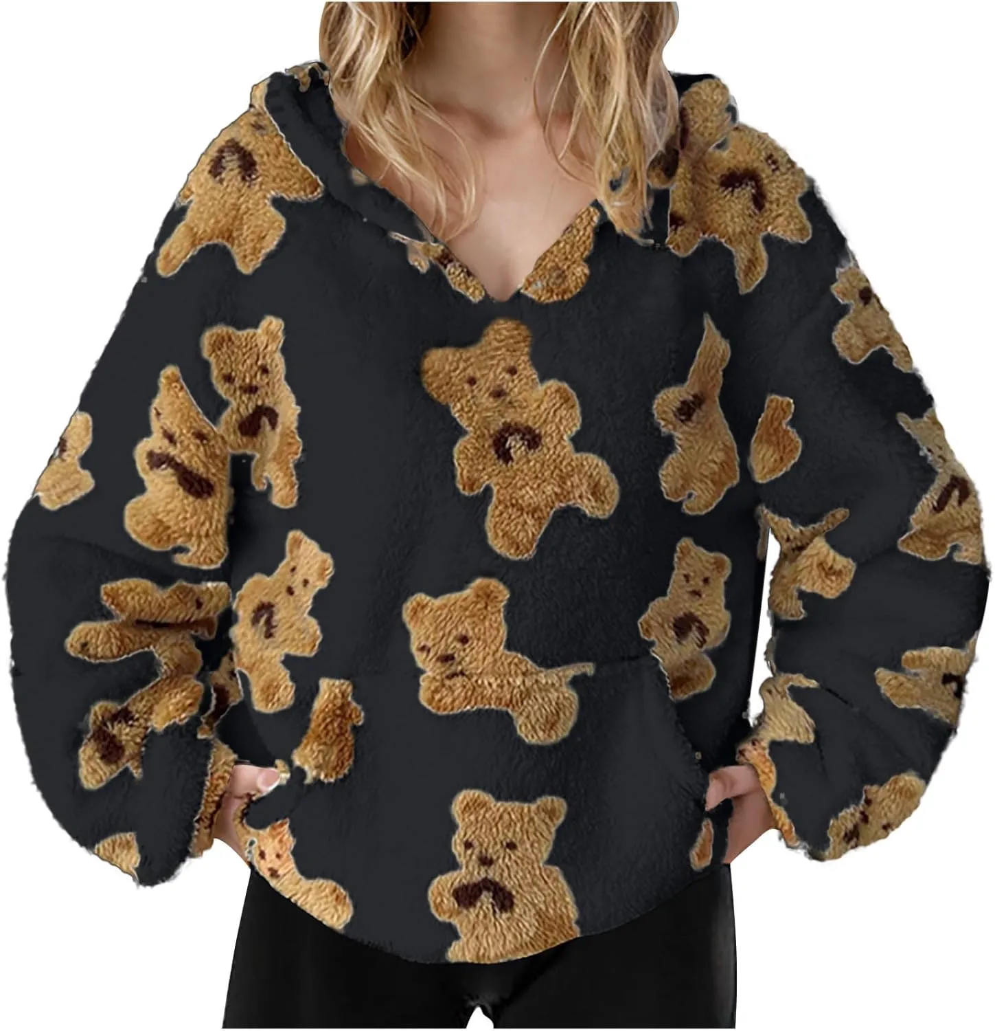 Hoodies For Teen Girls Oversized Sherpa Hoodie Women Fuzzy Fleece Hooded Sweatshirt Cute Teddy Bear Print Pullover Tops