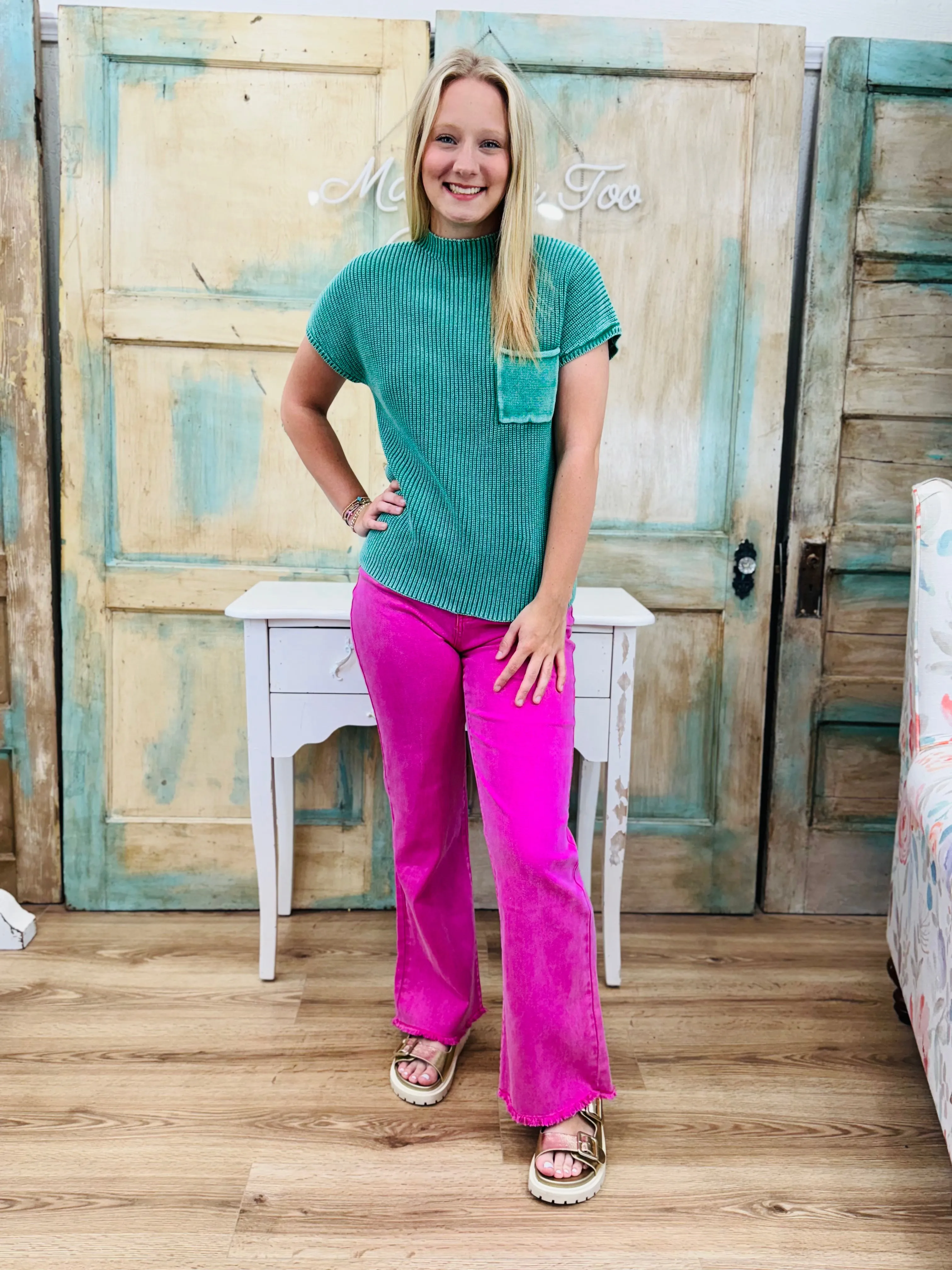 HOT PINK ACID WASHED FRAYED CUTOFF HEM STRAIGHT WIDE PANTS