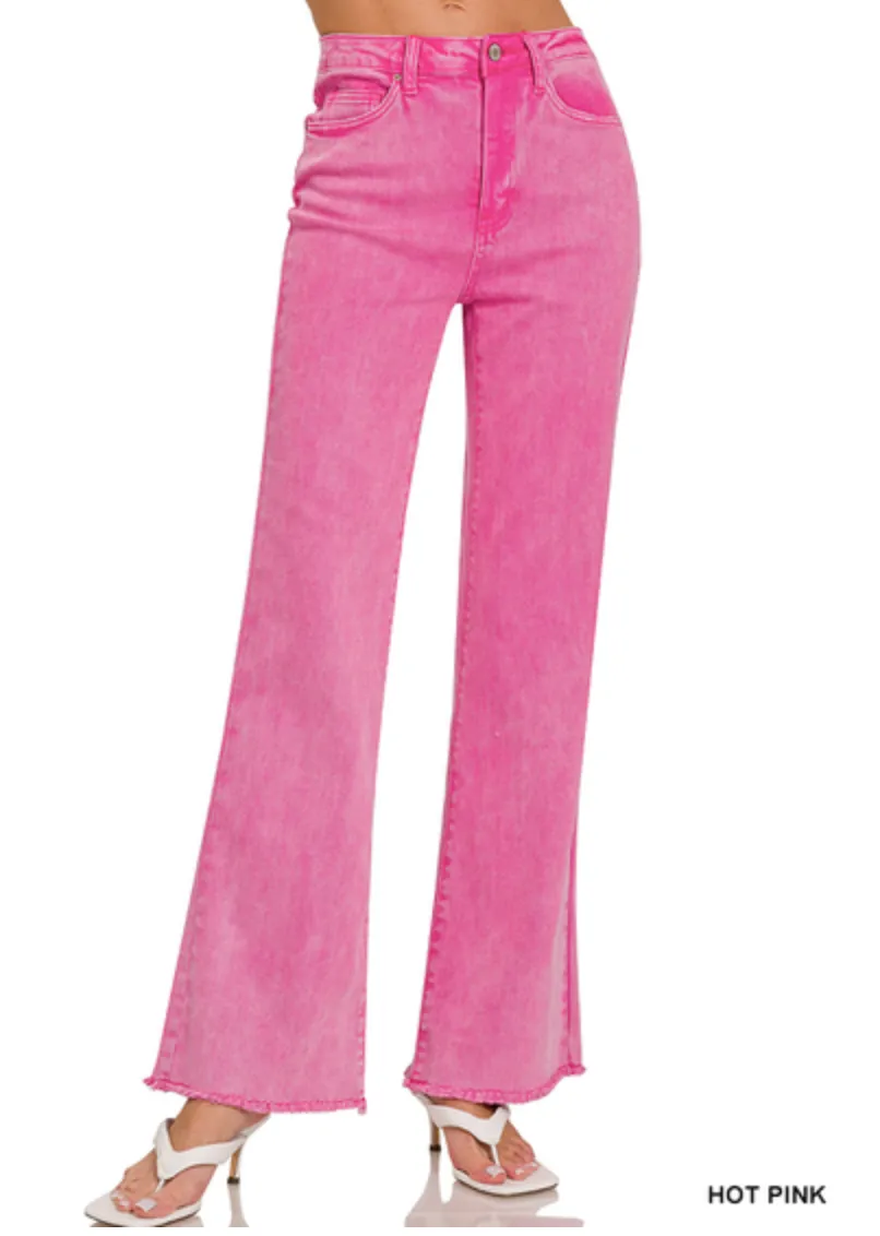 HOT PINK ACID WASHED FRAYED CUTOFF HEM STRAIGHT WIDE PANTS