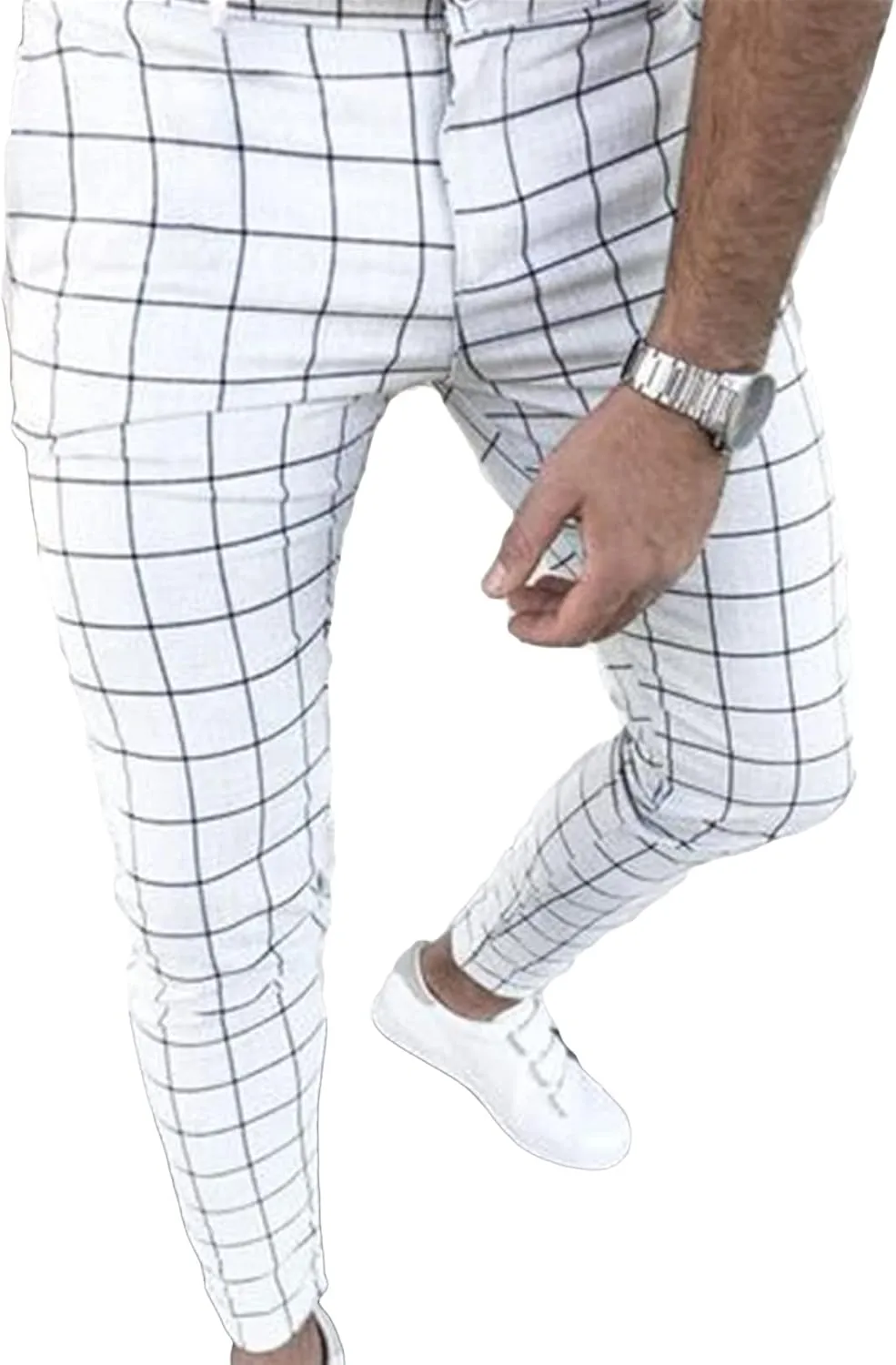 JEsilunmaMY Men's Plaid Pencil Pants Mid Waist Skinny Stretch Lounge Chino Pants Slim Fit Stylish Casual Business Dress Pants