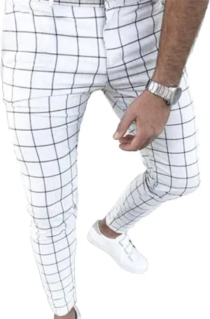 JEsilunmaMY Men's Plaid Pencil Pants Mid Waist Skinny Stretch Lounge Chino Pants Slim Fit Stylish Casual Business Dress Pants