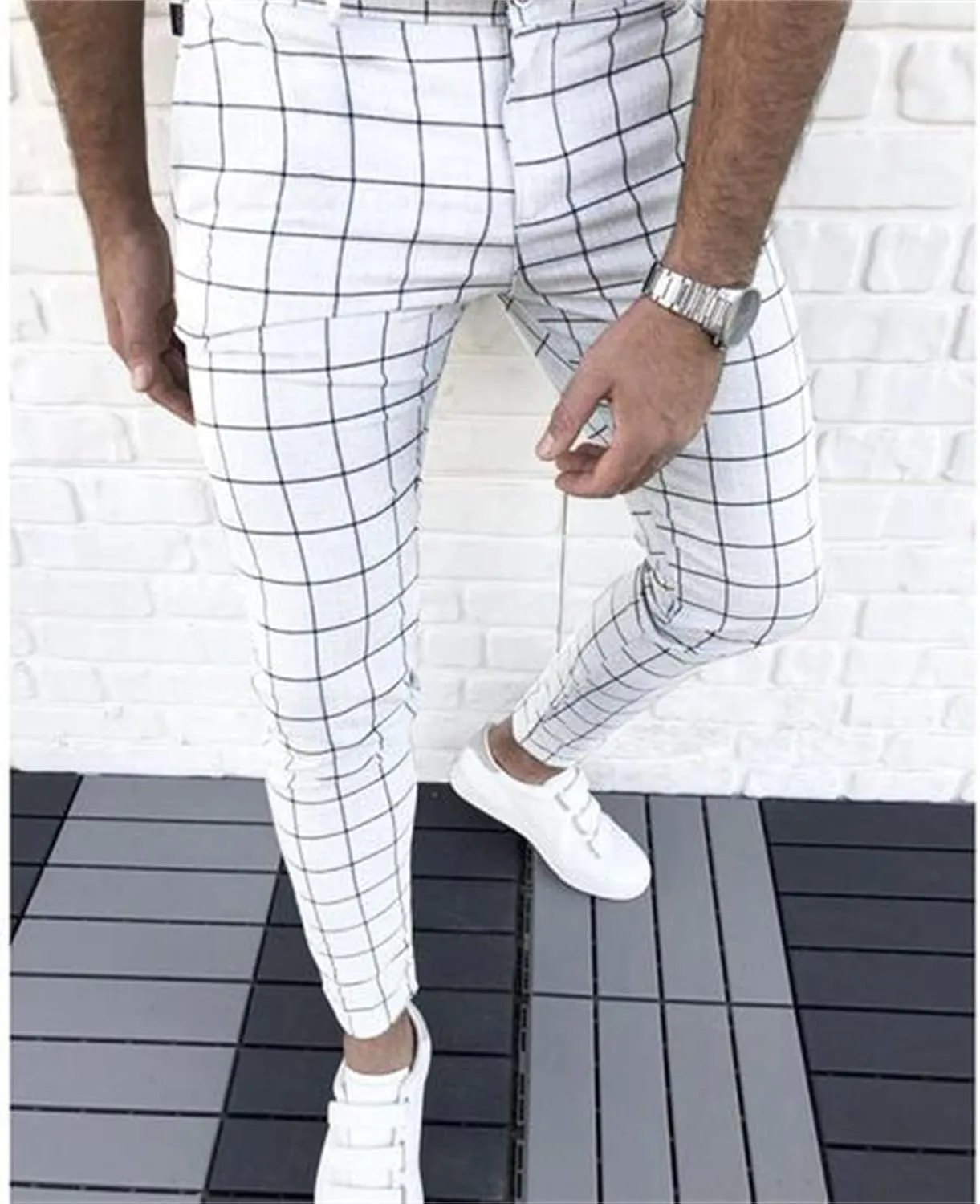 JEsilunmaMY Men's Plaid Pencil Pants Mid Waist Skinny Stretch Lounge Chino Pants Slim Fit Stylish Casual Business Dress Pants