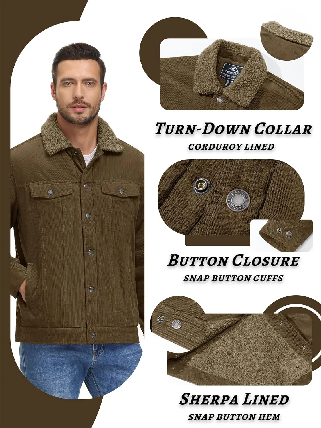 KEFITEVD Men's Corduroy Jacket Sherpa Lined Fleece Trucker Jackets Cotton Turn-down Collar Jacket Warm Winter Coat
