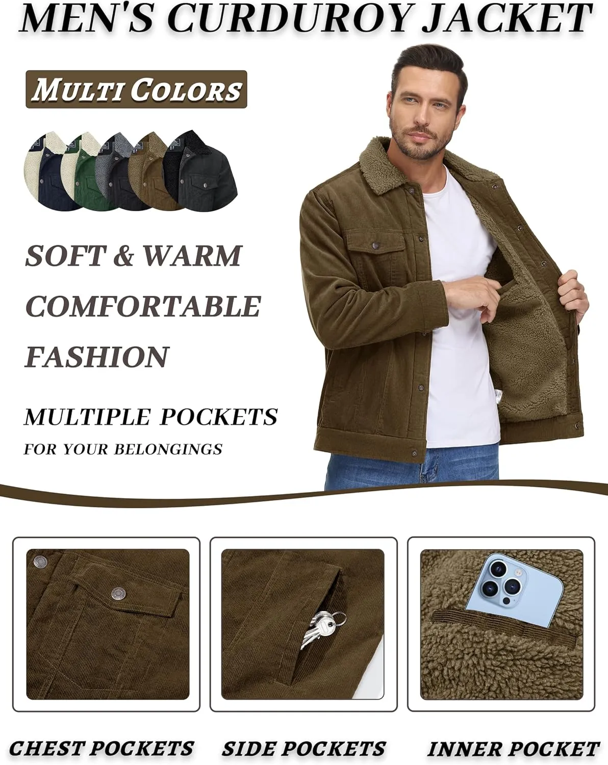 KEFITEVD Men's Corduroy Jacket Sherpa Lined Fleece Trucker Jackets Cotton Turn-down Collar Jacket Warm Winter Coat