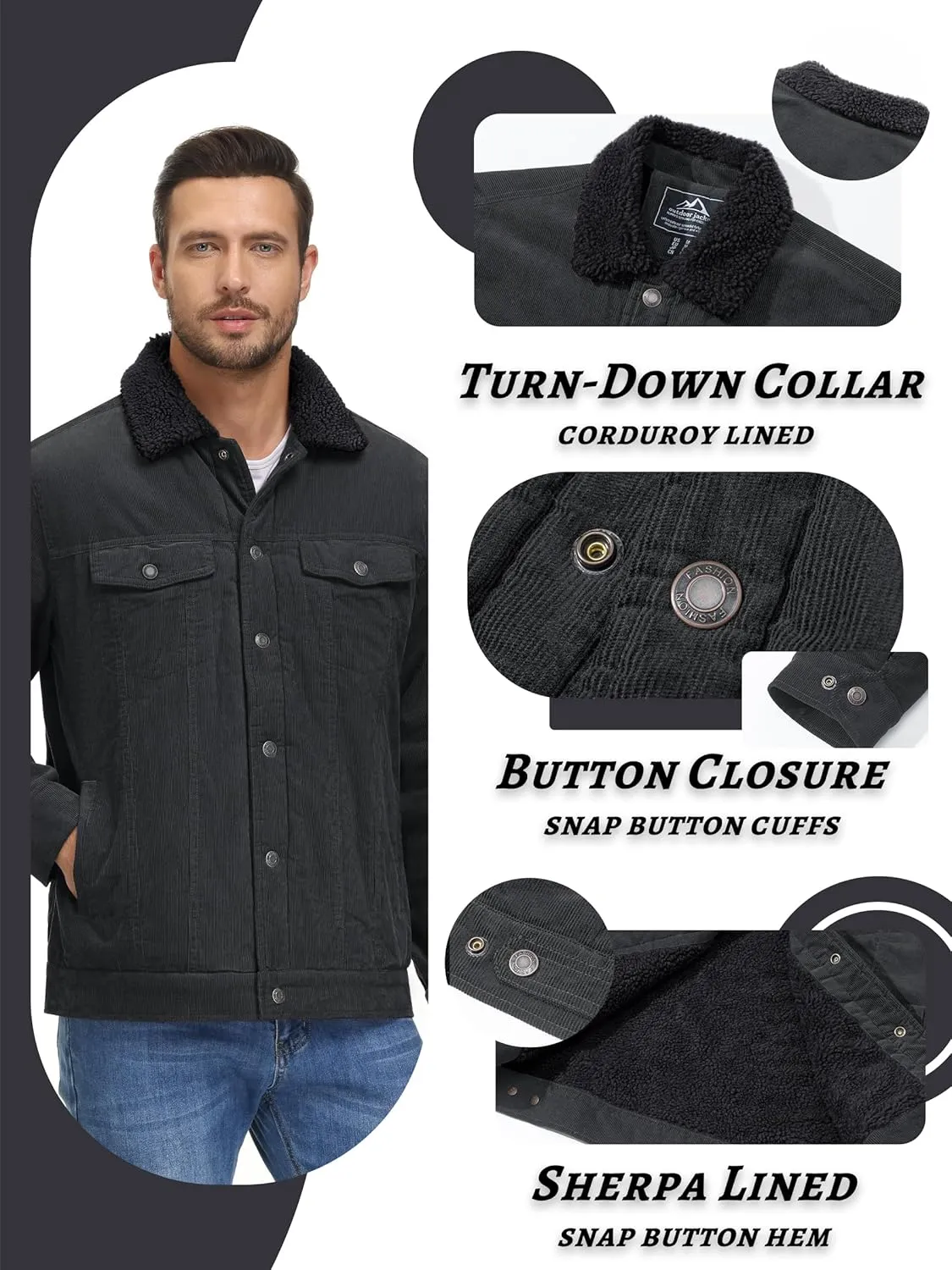 KEFITEVD Men's Corduroy Jacket Sherpa Lined Fleece Trucker Jackets Cotton Turn-down Collar Jacket Warm Winter Coat