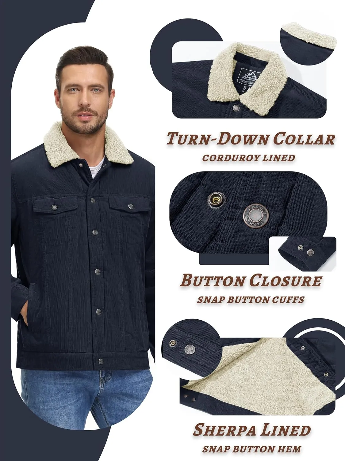 KEFITEVD Men's Corduroy Jacket Sherpa Lined Fleece Trucker Jackets Cotton Turn-down Collar Jacket Warm Winter Coat