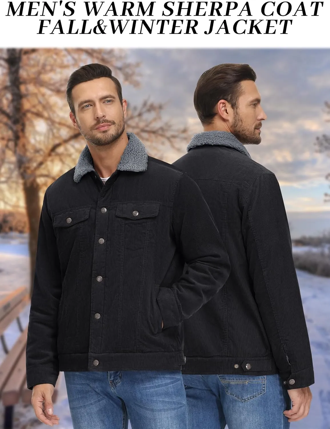 KEFITEVD Men's Corduroy Jacket Sherpa Lined Fleece Trucker Jackets Cotton Turn-down Collar Jacket Warm Winter Coat