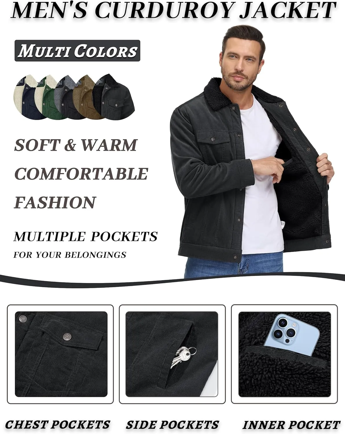 KEFITEVD Men's Corduroy Jacket Sherpa Lined Fleece Trucker Jackets Cotton Turn-down Collar Jacket Warm Winter Coat