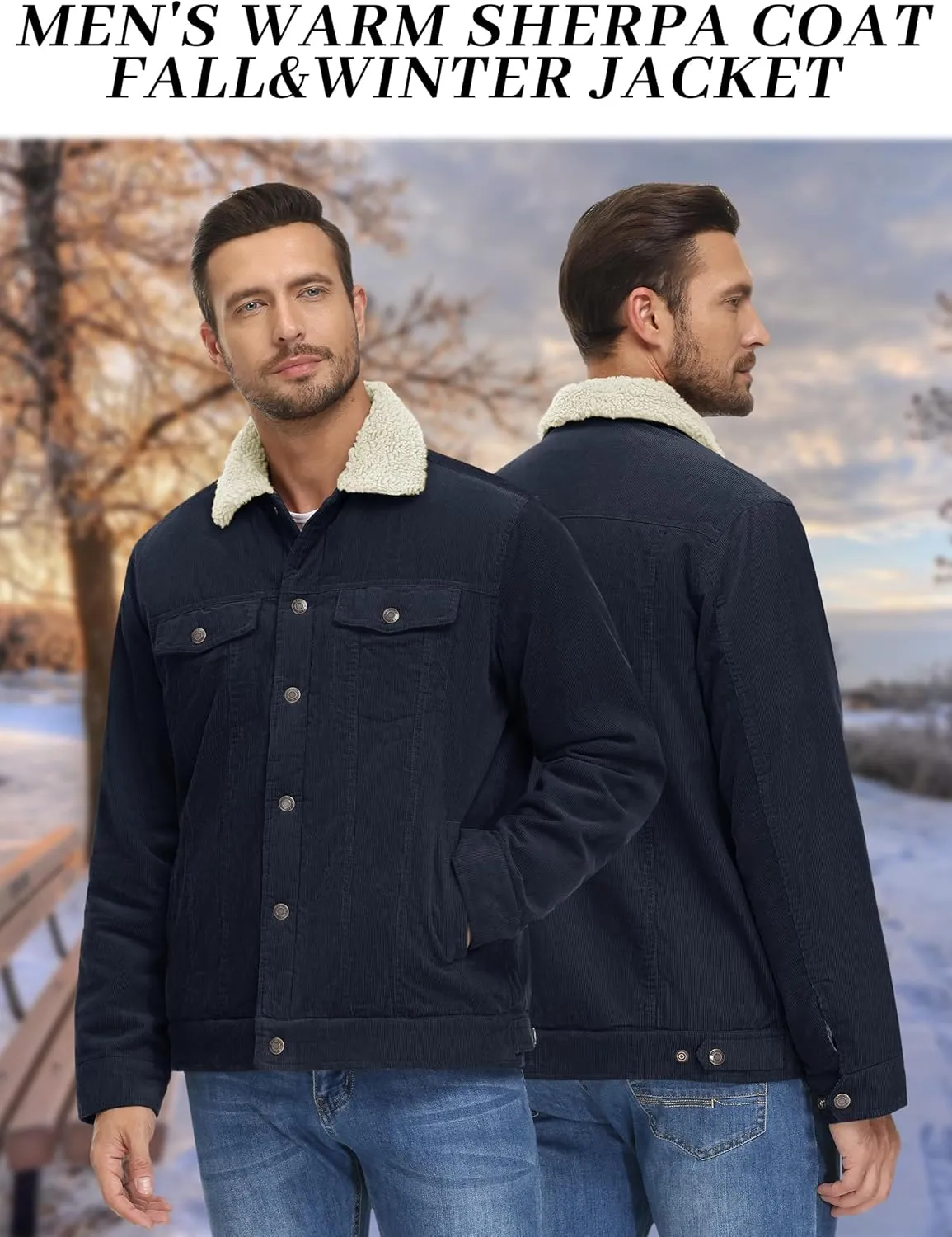 KEFITEVD Men's Corduroy Jacket Sherpa Lined Fleece Trucker Jackets Cotton Turn-down Collar Jacket Warm Winter Coat