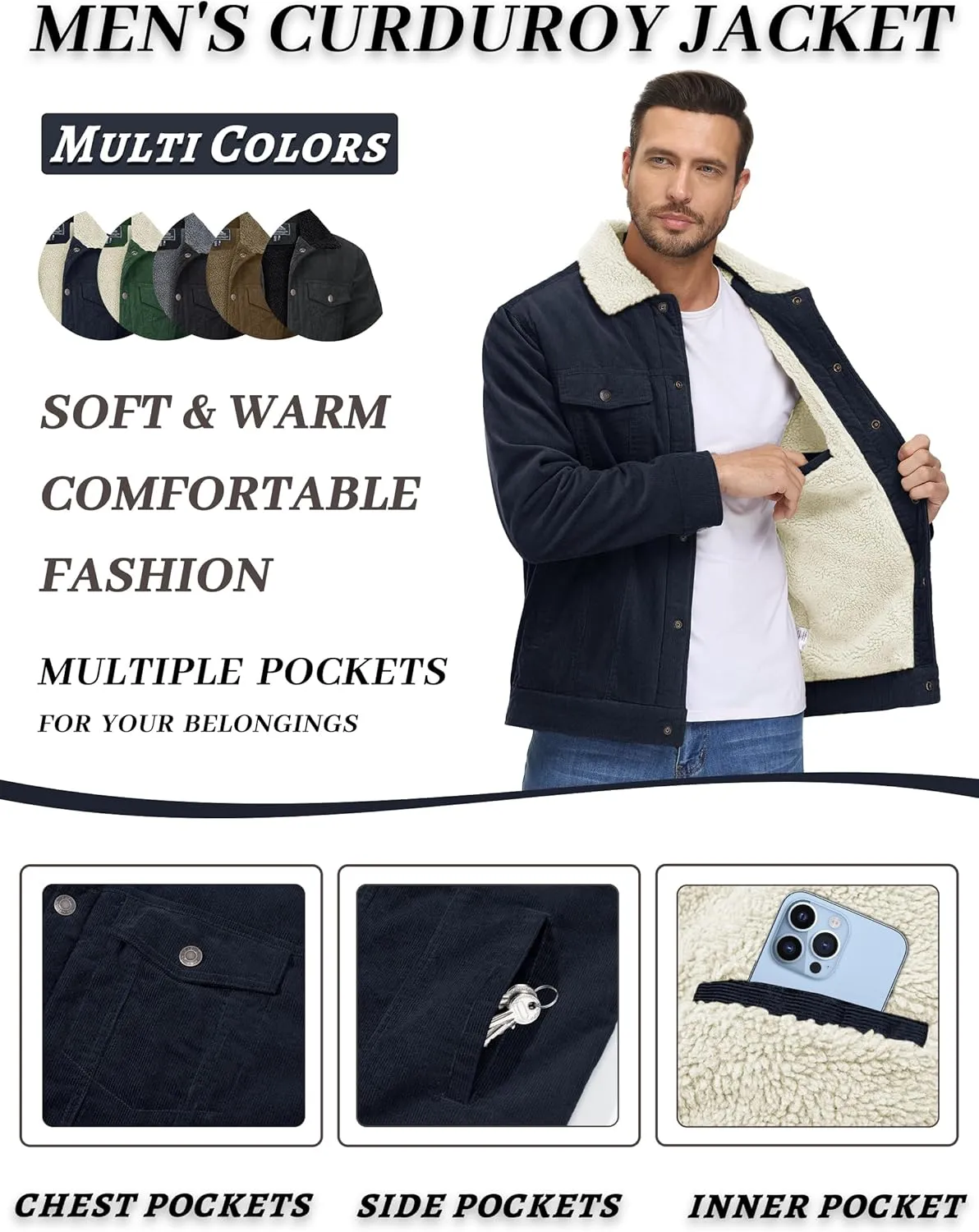 KEFITEVD Men's Corduroy Jacket Sherpa Lined Fleece Trucker Jackets Cotton Turn-down Collar Jacket Warm Winter Coat