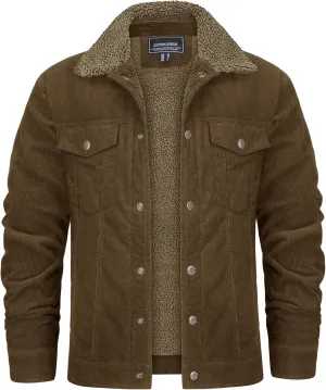 KEFITEVD Men's Corduroy Jacket Sherpa Lined Fleece Trucker Jackets Cotton Turn-down Collar Jacket Warm Winter Coat