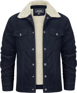 KEFITEVD Men's Corduroy Jacket Sherpa Lined Fleece Trucker Jackets Cotton Turn-down Collar Jacket Warm Winter Coat