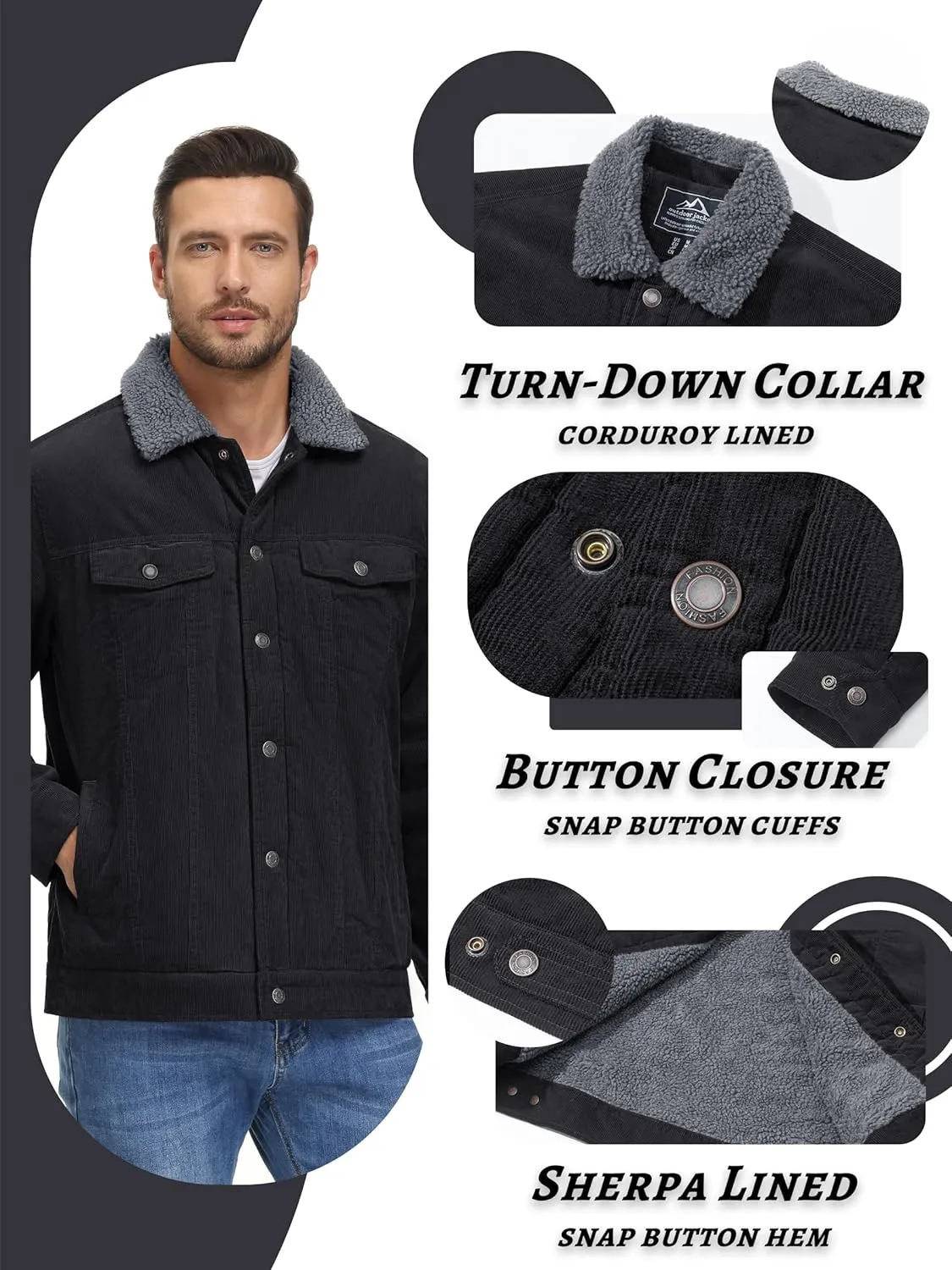 KEFITEVD Men's Corduroy Jacket Sherpa Lined Fleece Trucker Jackets Cotton Turn-down Collar Jacket Warm Winter Coat