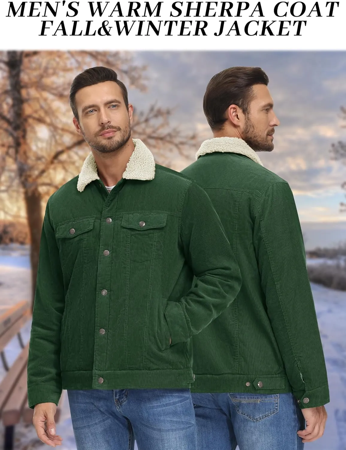 KEFITEVD Men's Corduroy Jacket Sherpa Lined Fleece Trucker Jackets Cotton Turn-down Collar Jacket Warm Winter Coat