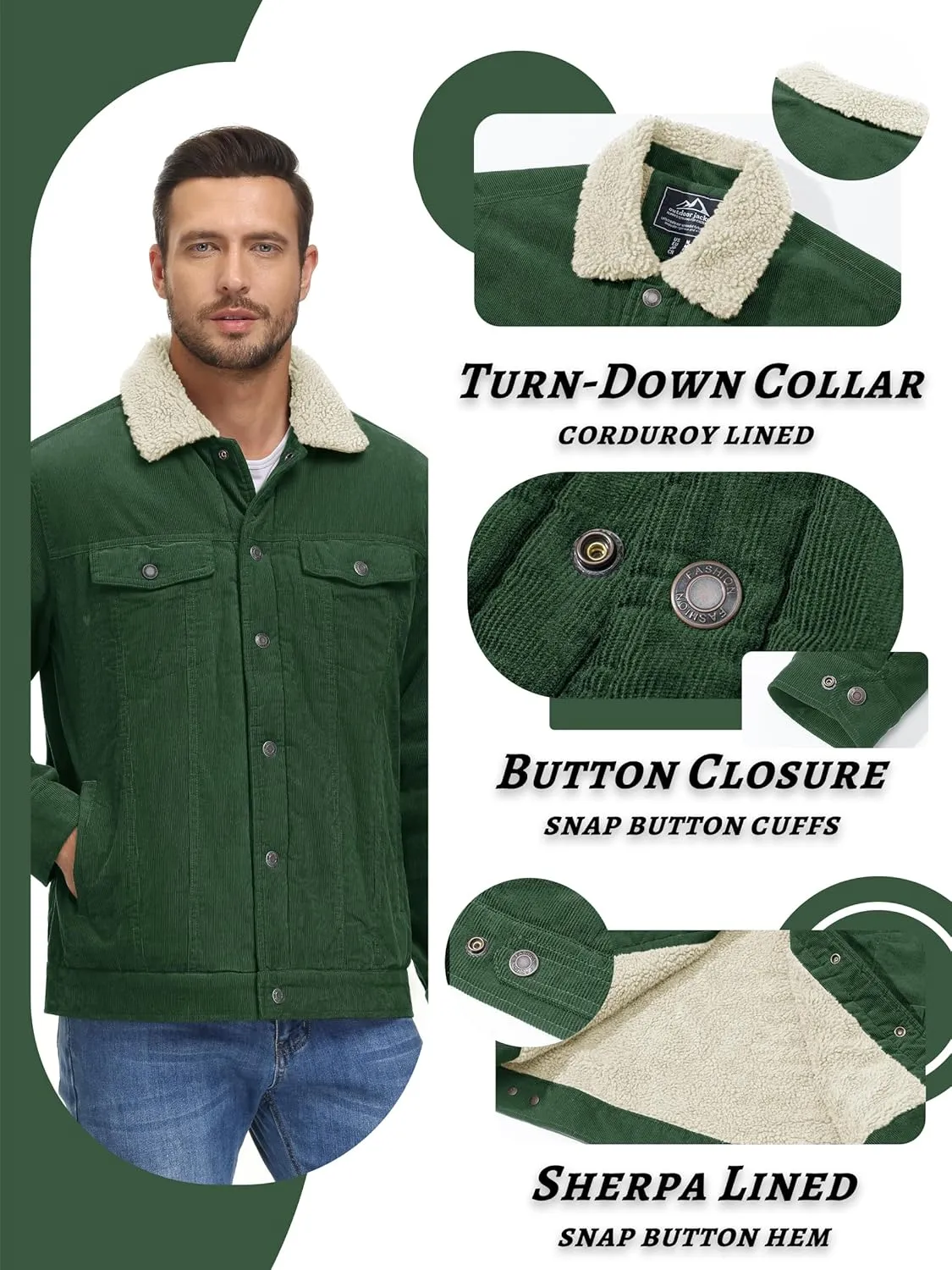 KEFITEVD Men's Corduroy Jacket Sherpa Lined Fleece Trucker Jackets Cotton Turn-down Collar Jacket Warm Winter Coat