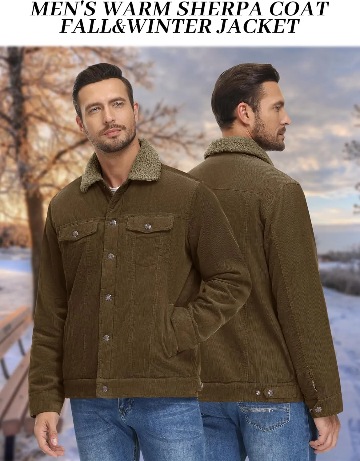 KEFITEVD Men's Corduroy Jacket Sherpa Lined Fleece Trucker Jackets Cotton Turn-down Collar Jacket Warm Winter Coat