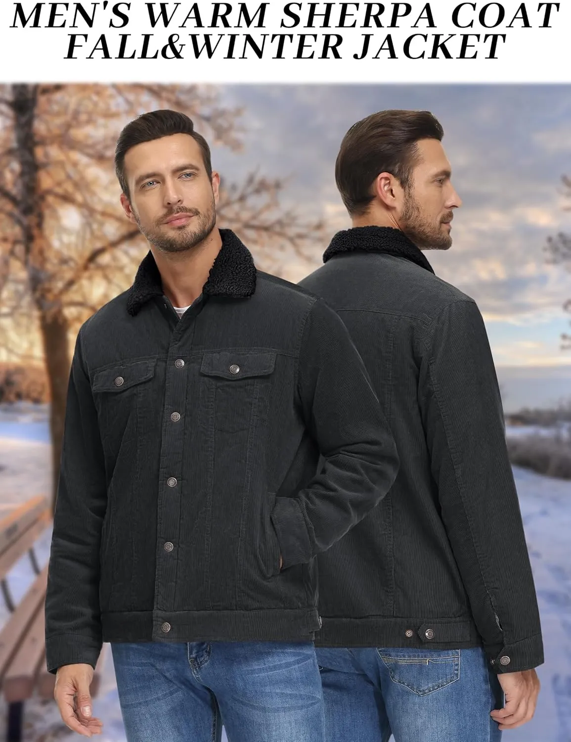 KEFITEVD Men's Corduroy Jacket Sherpa Lined Fleece Trucker Jackets Cotton Turn-down Collar Jacket Warm Winter Coat