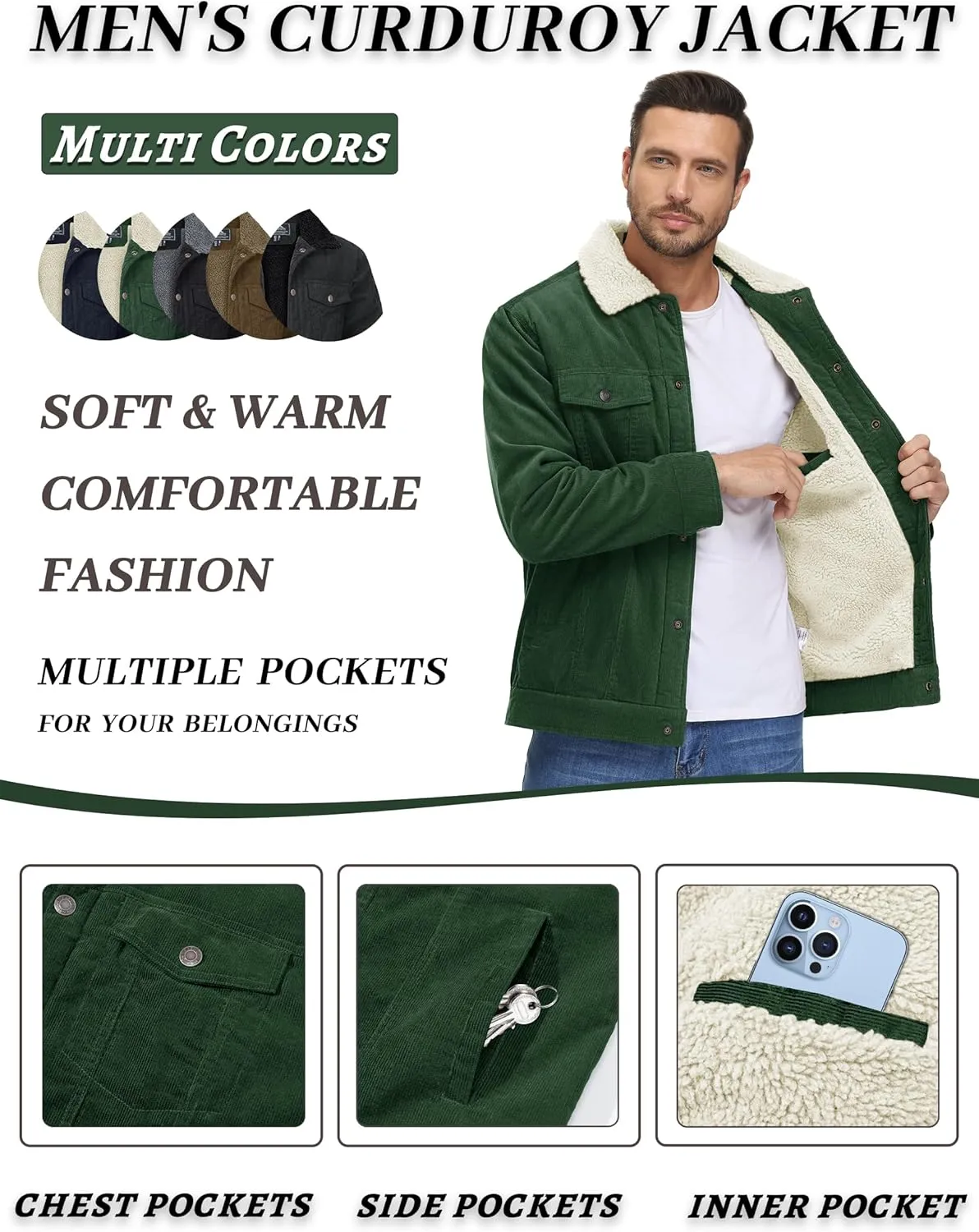 KEFITEVD Men's Corduroy Jacket Sherpa Lined Fleece Trucker Jackets Cotton Turn-down Collar Jacket Warm Winter Coat