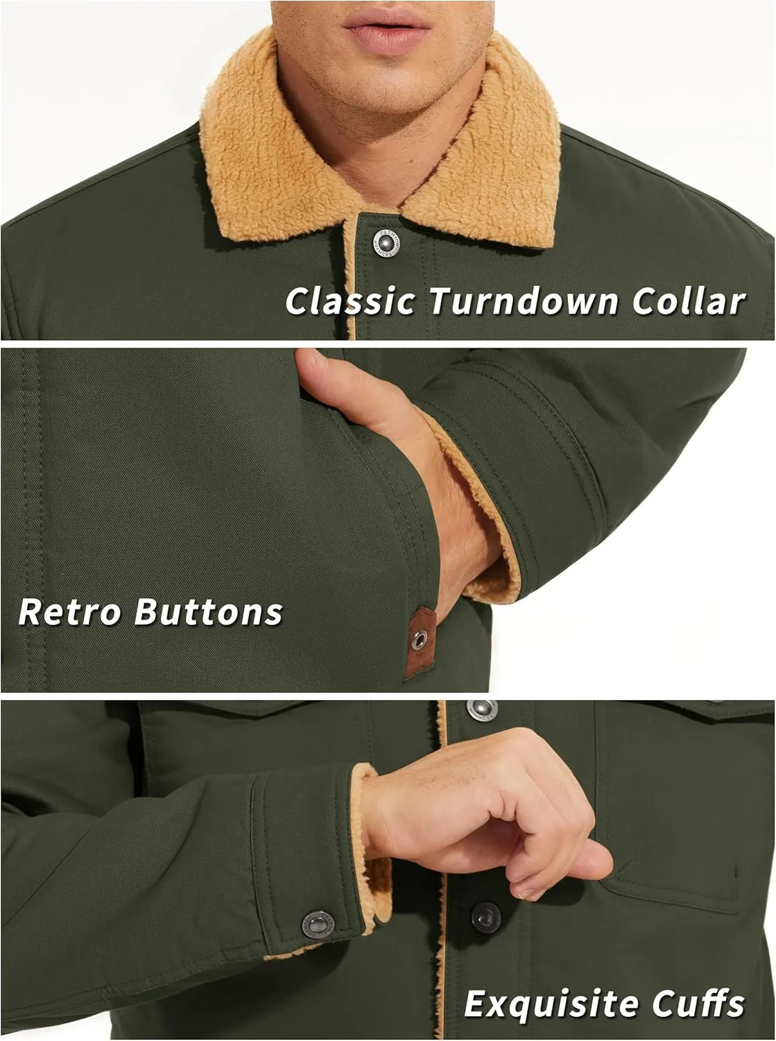 KEFITEVD Men's Winter Fleece Jacket Sherpa Lined Cargo Jackets Casual Trucker Coat Work Winter Thick Warm Coat