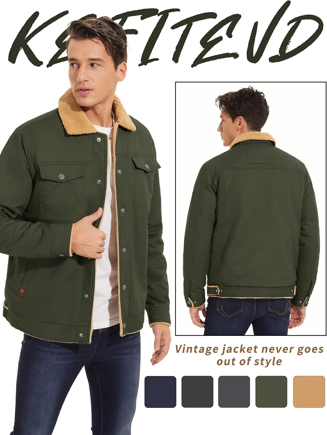 KEFITEVD Men's Winter Fleece Jacket Sherpa Lined Cargo Jackets Casual Trucker Coat Work Winter Thick Warm Coat