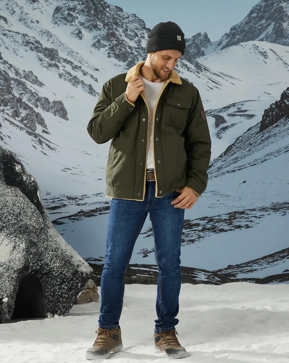 KEFITEVD Men's Winter Fleece Jacket Sherpa Lined Cargo Jackets Casual Trucker Coat Work Winter Thick Warm Coat