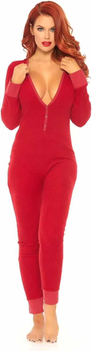 Leg Avenue Women's Cozy Brushed Ribbed Jersey Adult Onesie with Cheeky Back Flap