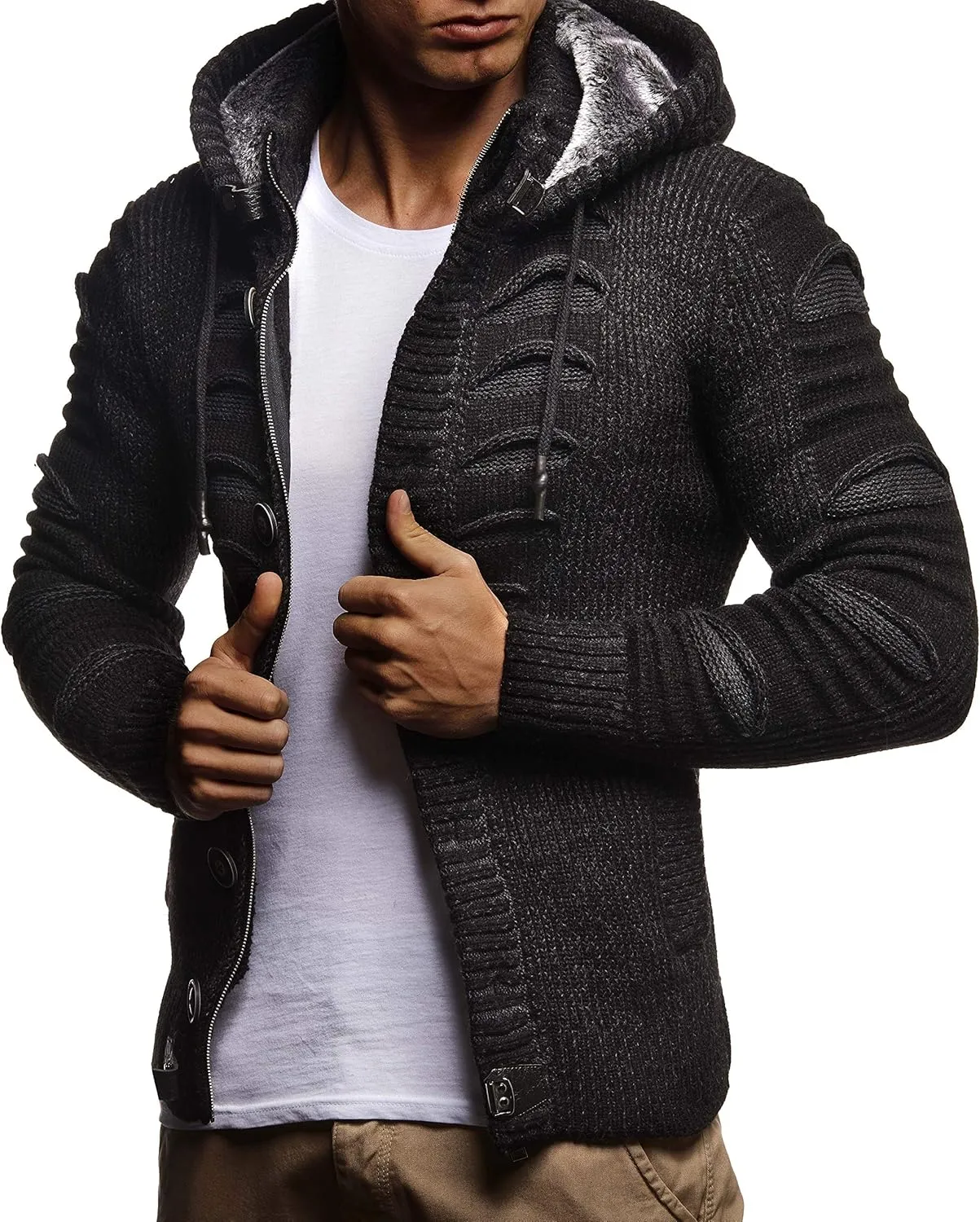Leif Nelson Men's Stylish Knit Sweater With Buttons | Knitted Sweatshirt Pullover With Hood | Warm For Winter | LN5605