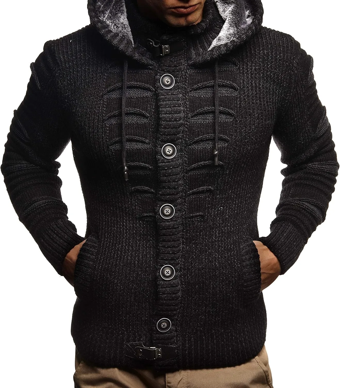 Leif Nelson Men's Stylish Knit Sweater With Buttons | Knitted Sweatshirt Pullover With Hood | Warm For Winter | LN5605