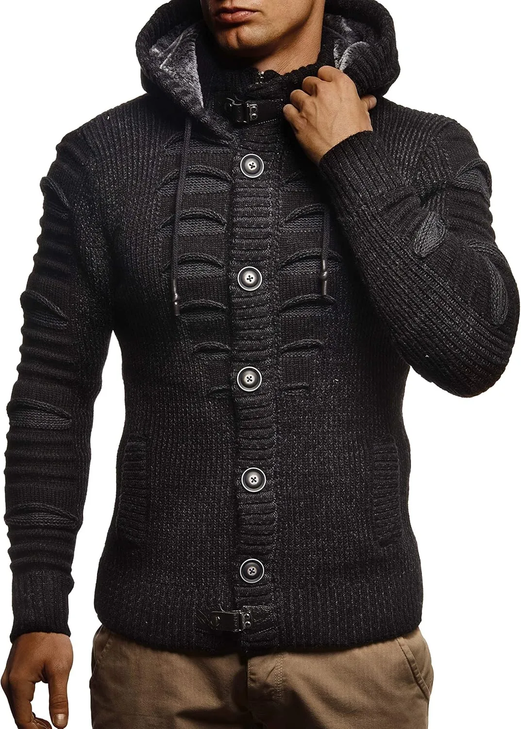 Leif Nelson Men's Stylish Knit Sweater With Buttons | Knitted Sweatshirt Pullover With Hood | Warm For Winter | LN5605