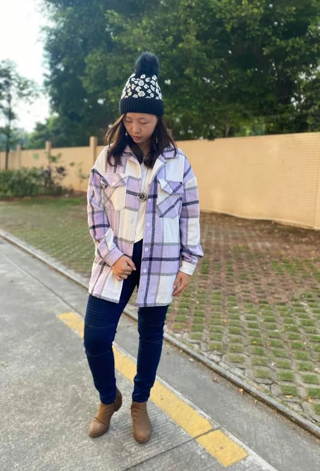 Lilac Purple, Ivory, and Gray Plaid Flannel Shacket - Shirt Jacket