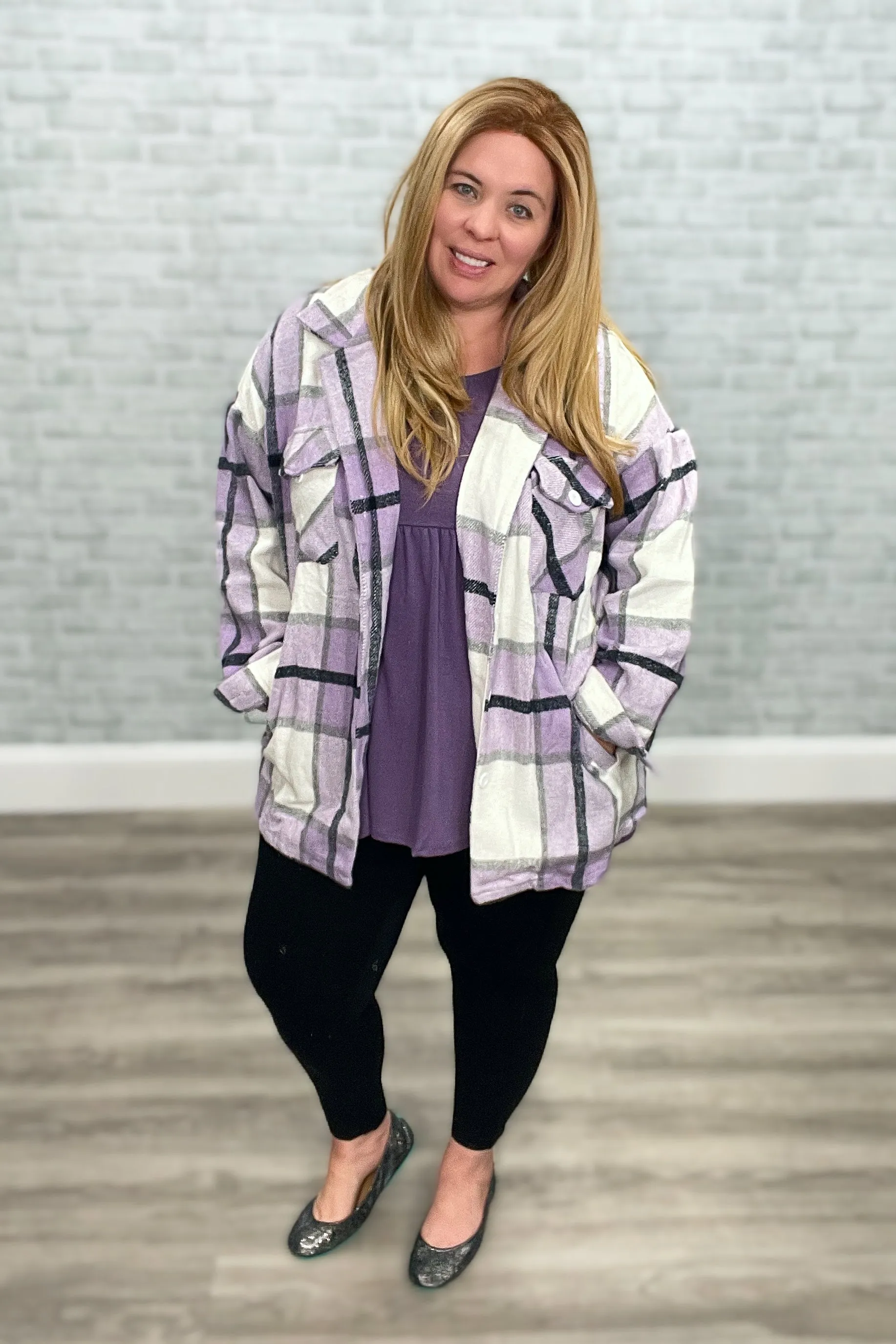 Lilac Purple, Ivory, and Gray Plaid Flannel Shacket - Shirt Jacket