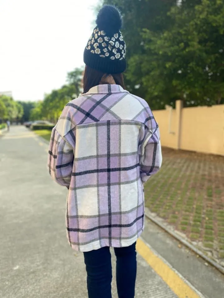 Lilac Purple, Ivory, and Gray Plaid Flannel Shacket - Shirt Jacket