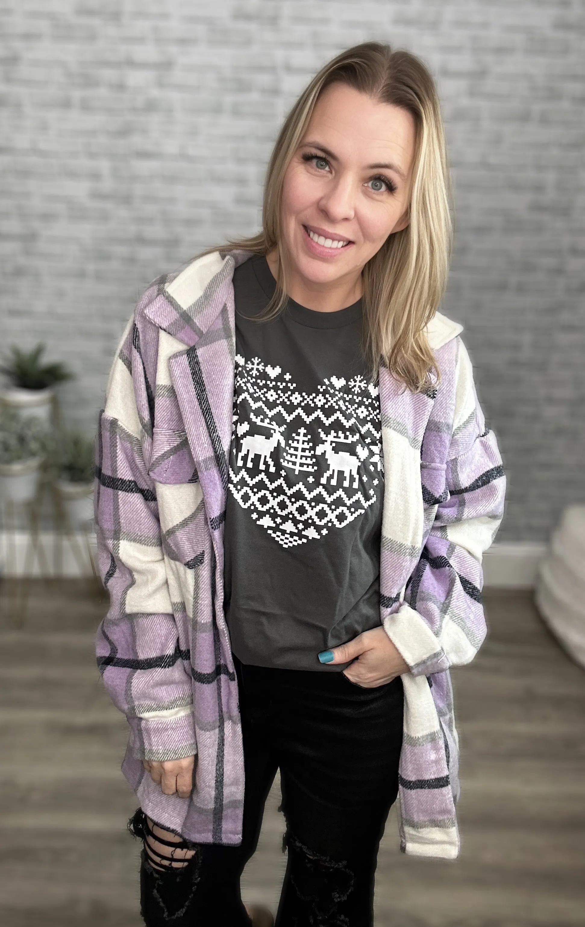 Lilac Purple, Ivory, and Gray Plaid Flannel Shacket - Shirt Jacket