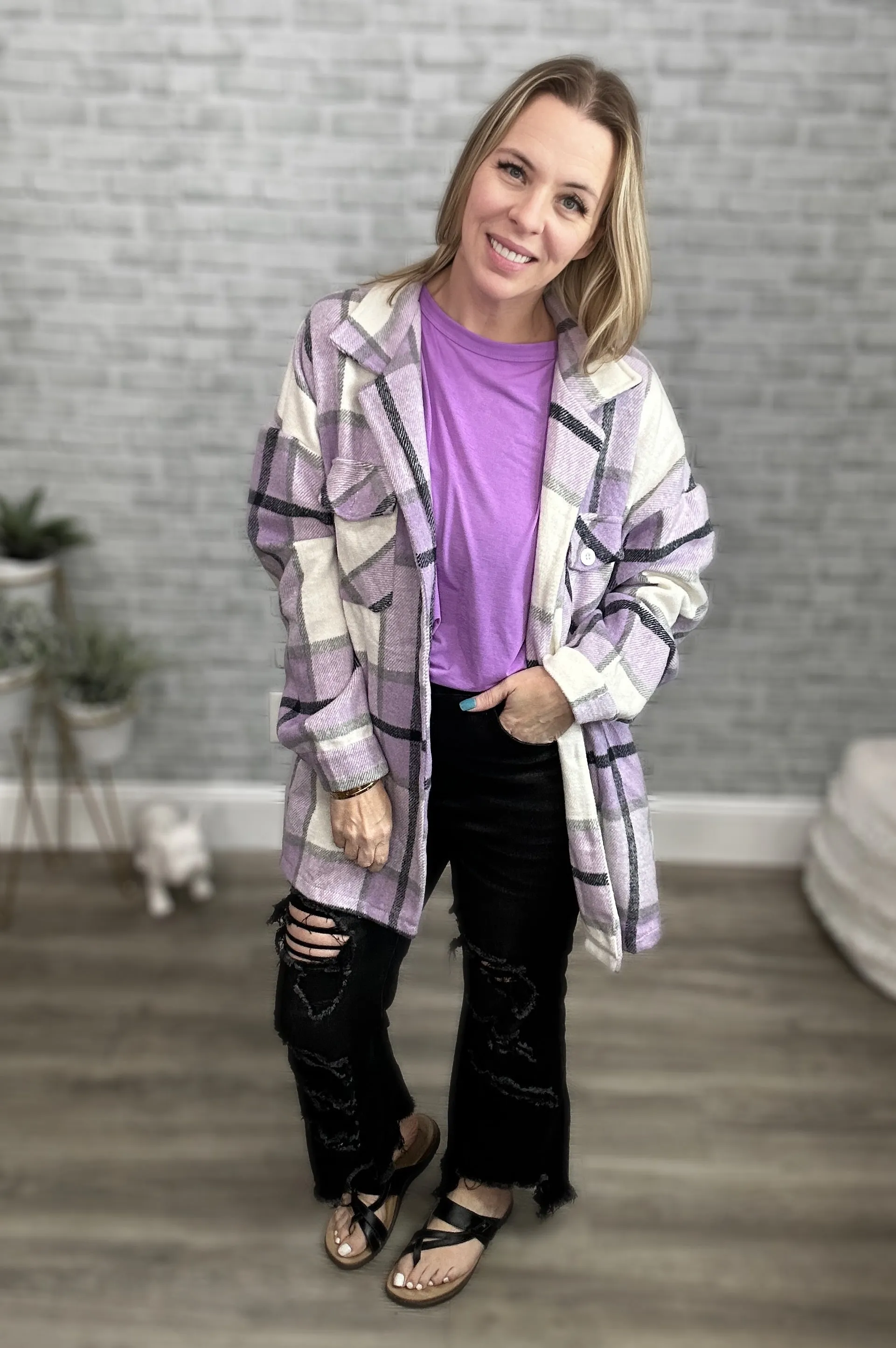 Lilac Purple, Ivory, and Gray Plaid Flannel Shacket - Shirt Jacket