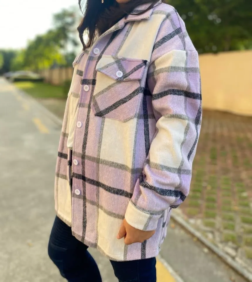 Lilac Purple, Ivory, and Gray Plaid Flannel Shacket - Shirt Jacket