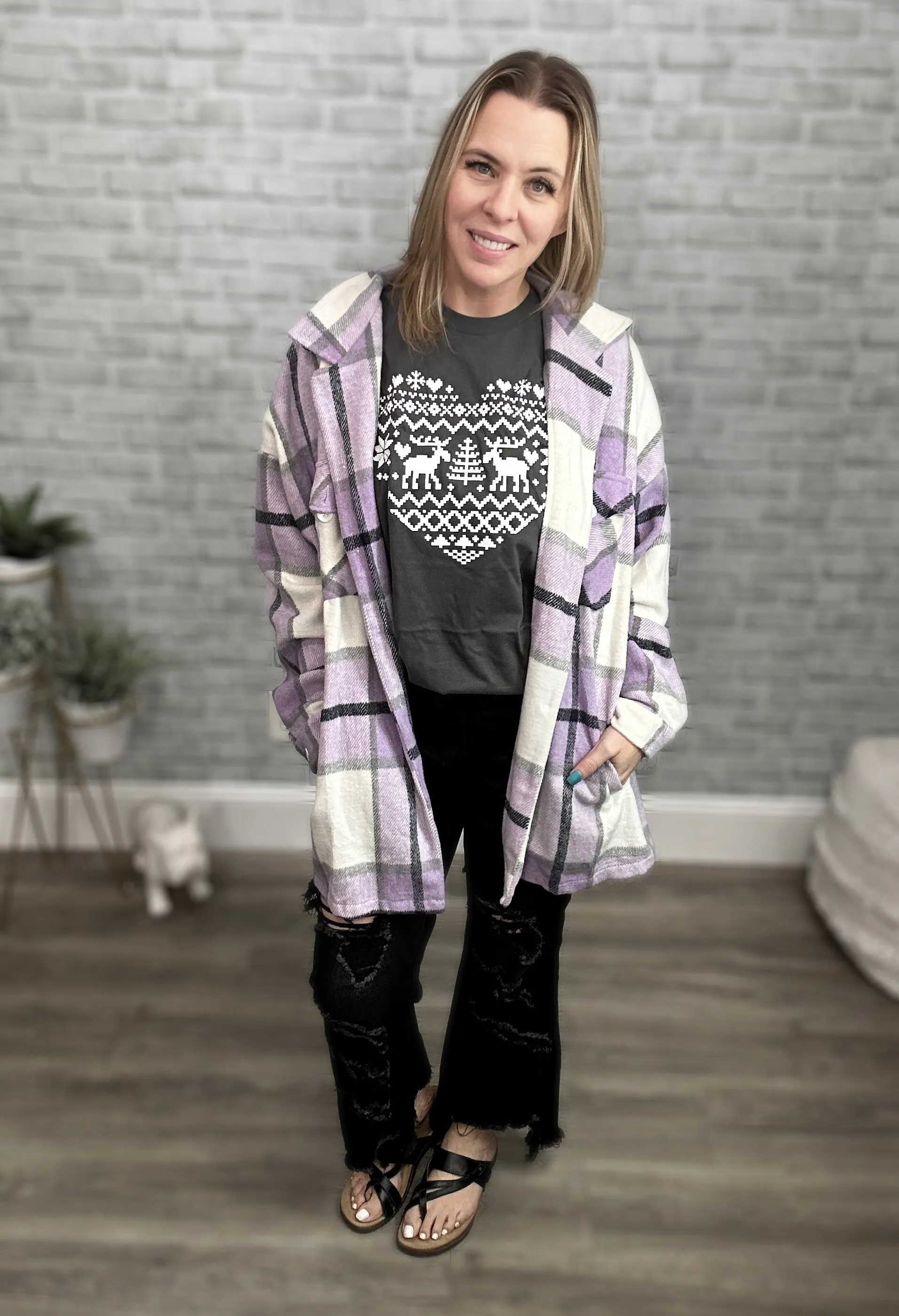 Lilac Purple, Ivory, and Gray Plaid Flannel Shacket - Shirt Jacket