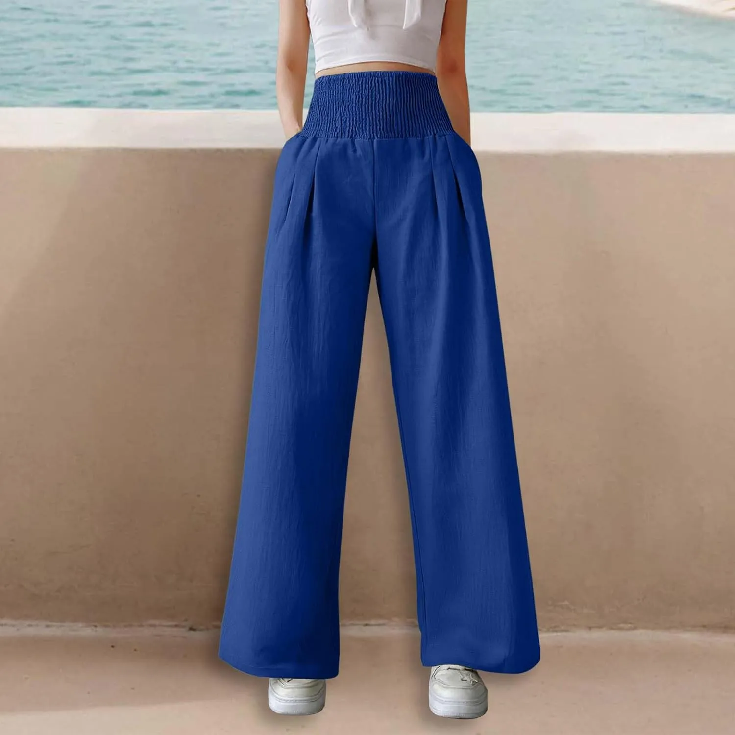Linen Palazzo Pants for Women High Waist Summer Wide Leg Pants Lightweight Flowy Drawstring Smocked Lounge