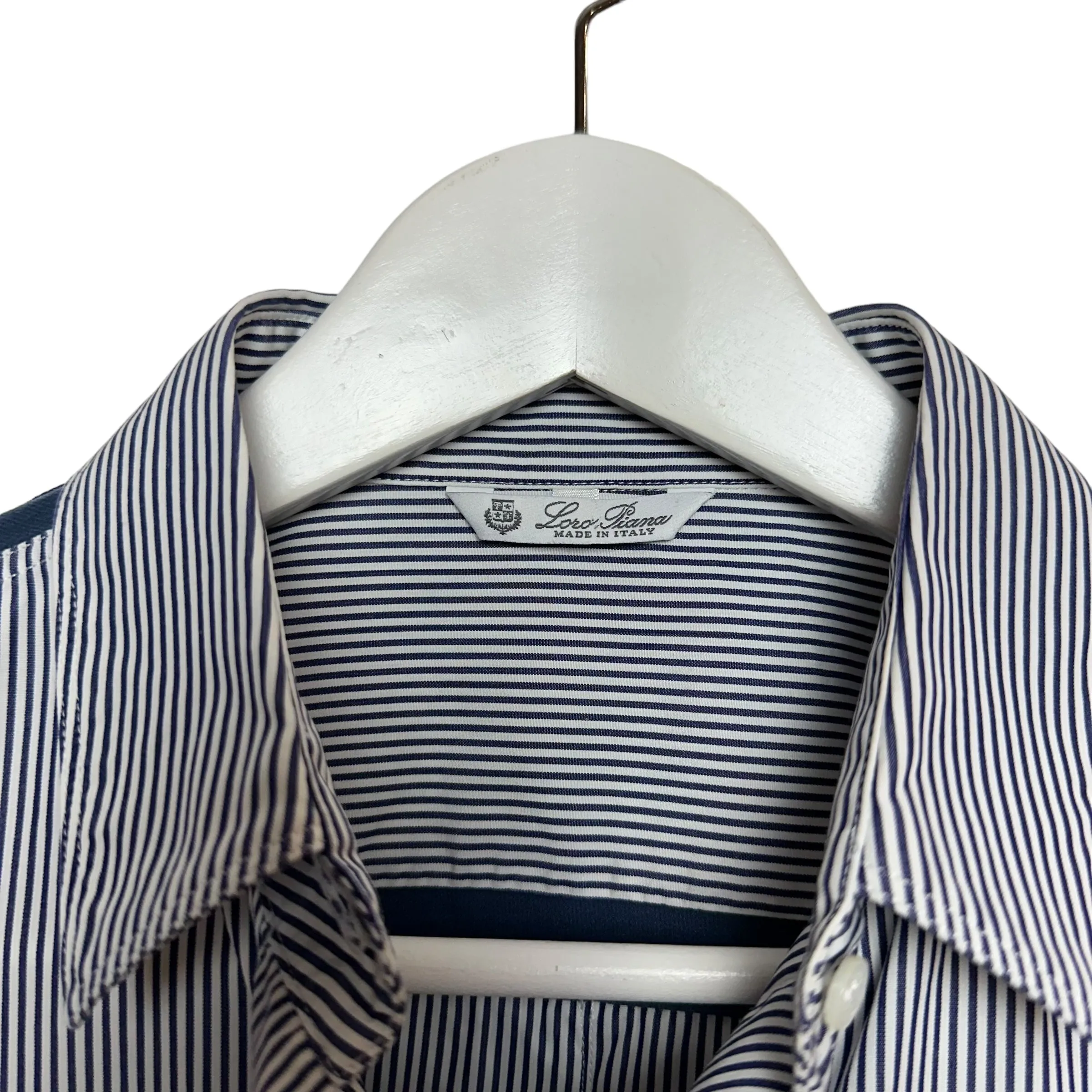 Loro Piana Button Up Shirt Collared Long Sleeve Striped Navy Blue and white Cotton Silk