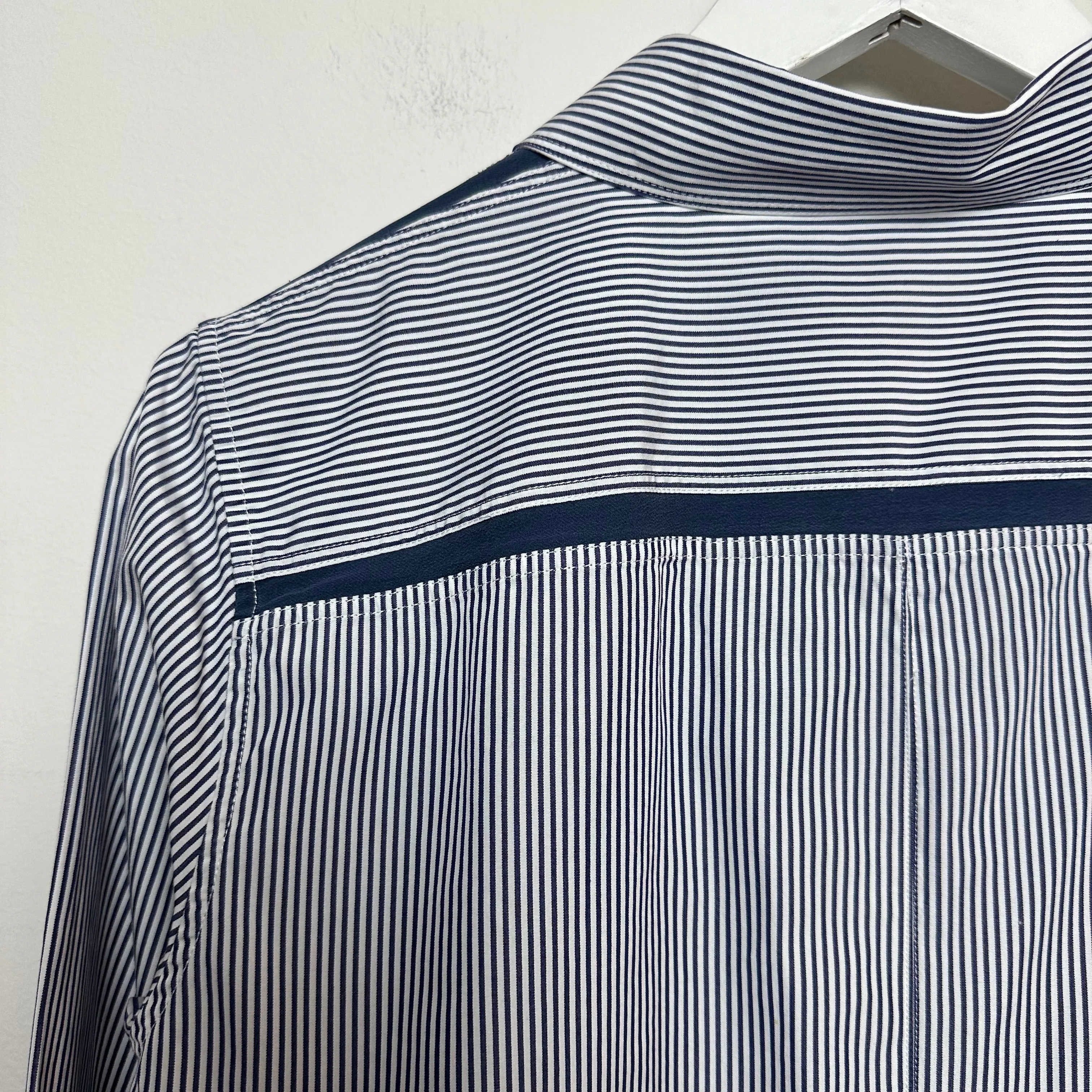 Loro Piana Button Up Shirt Collared Long Sleeve Striped Navy Blue and white Cotton Silk