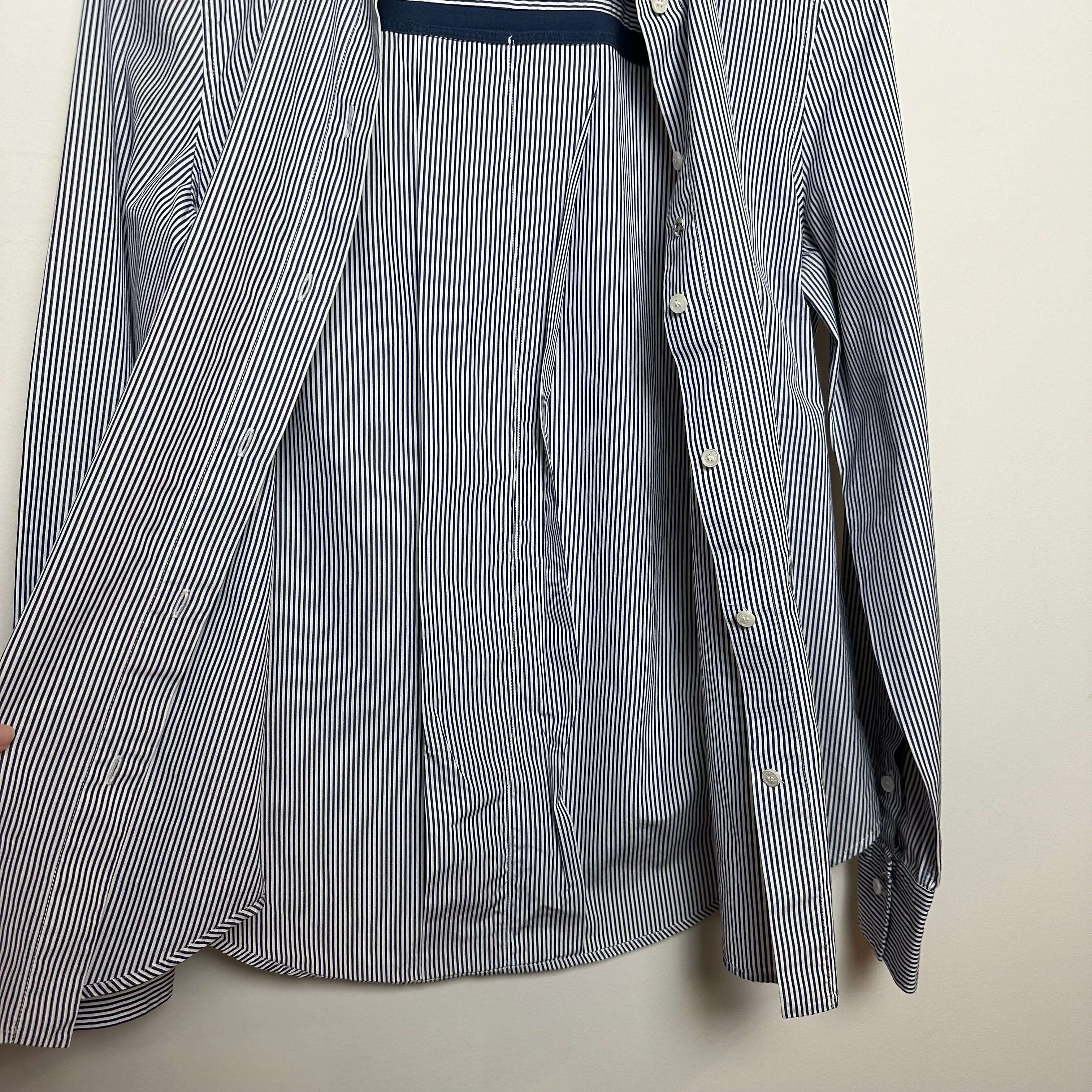 Loro Piana Button Up Shirt Collared Long Sleeve Striped Navy Blue and white Cotton Silk