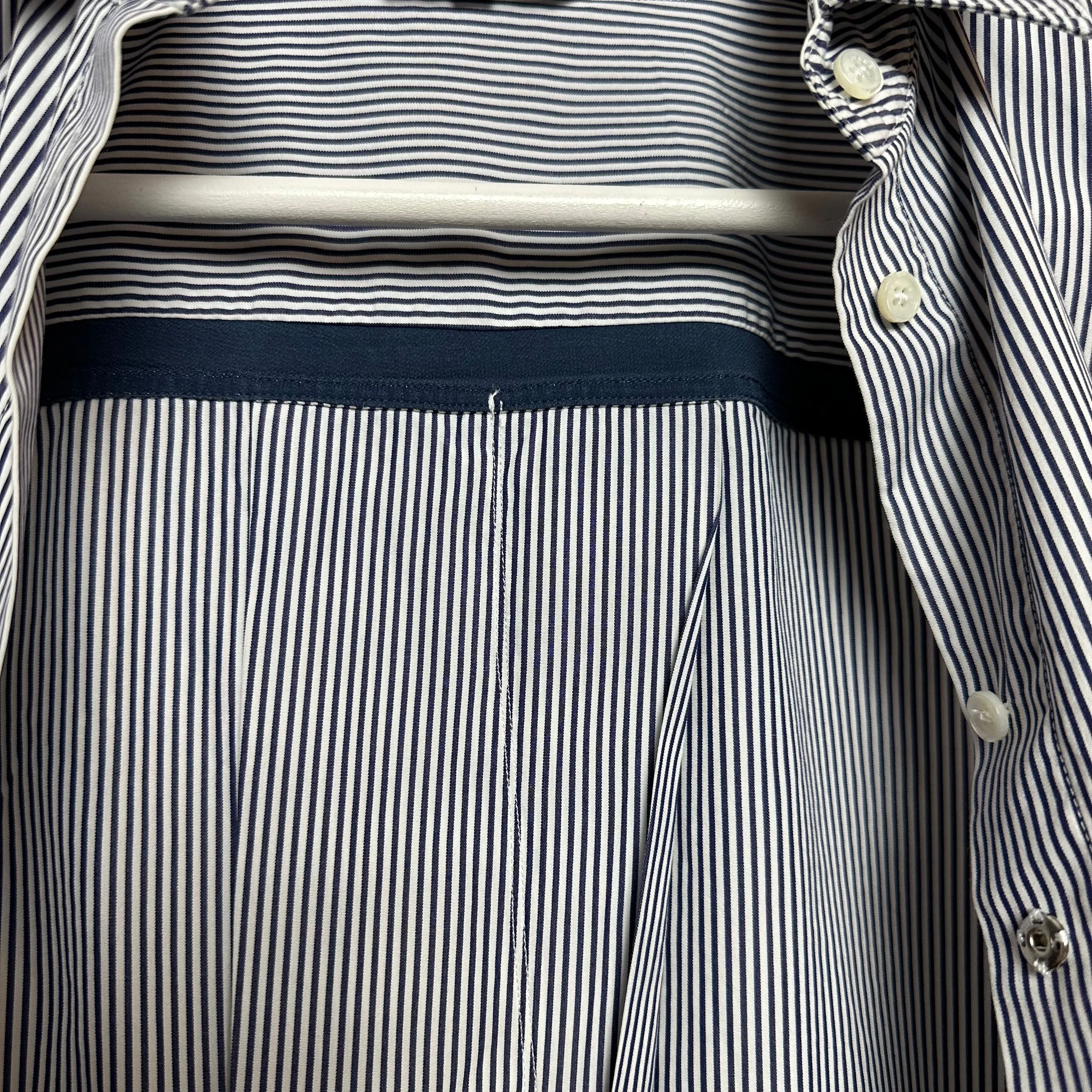 Loro Piana Button Up Shirt Collared Long Sleeve Striped Navy Blue and white Cotton Silk