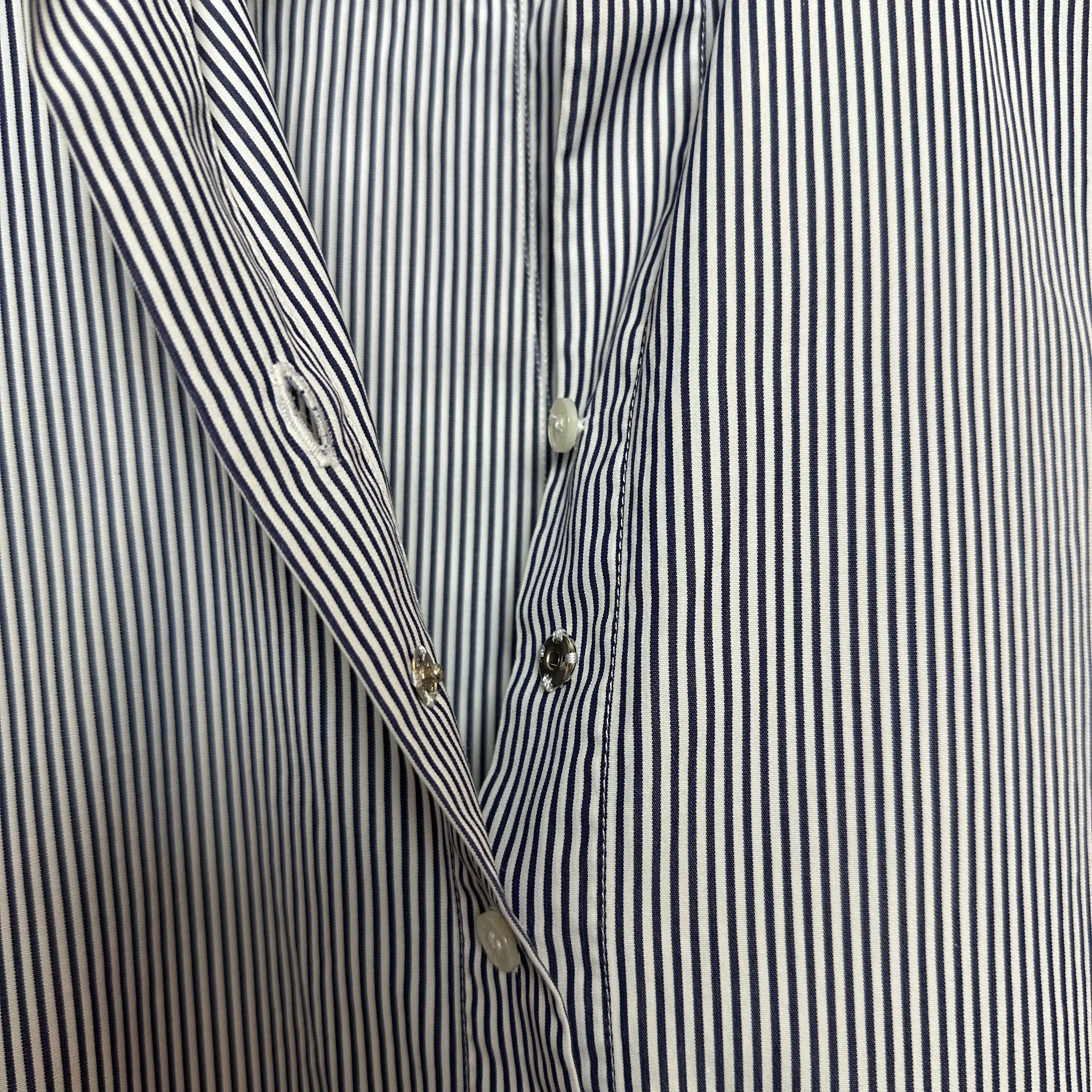 Loro Piana Button Up Shirt Collared Long Sleeve Striped Navy Blue and white Cotton Silk