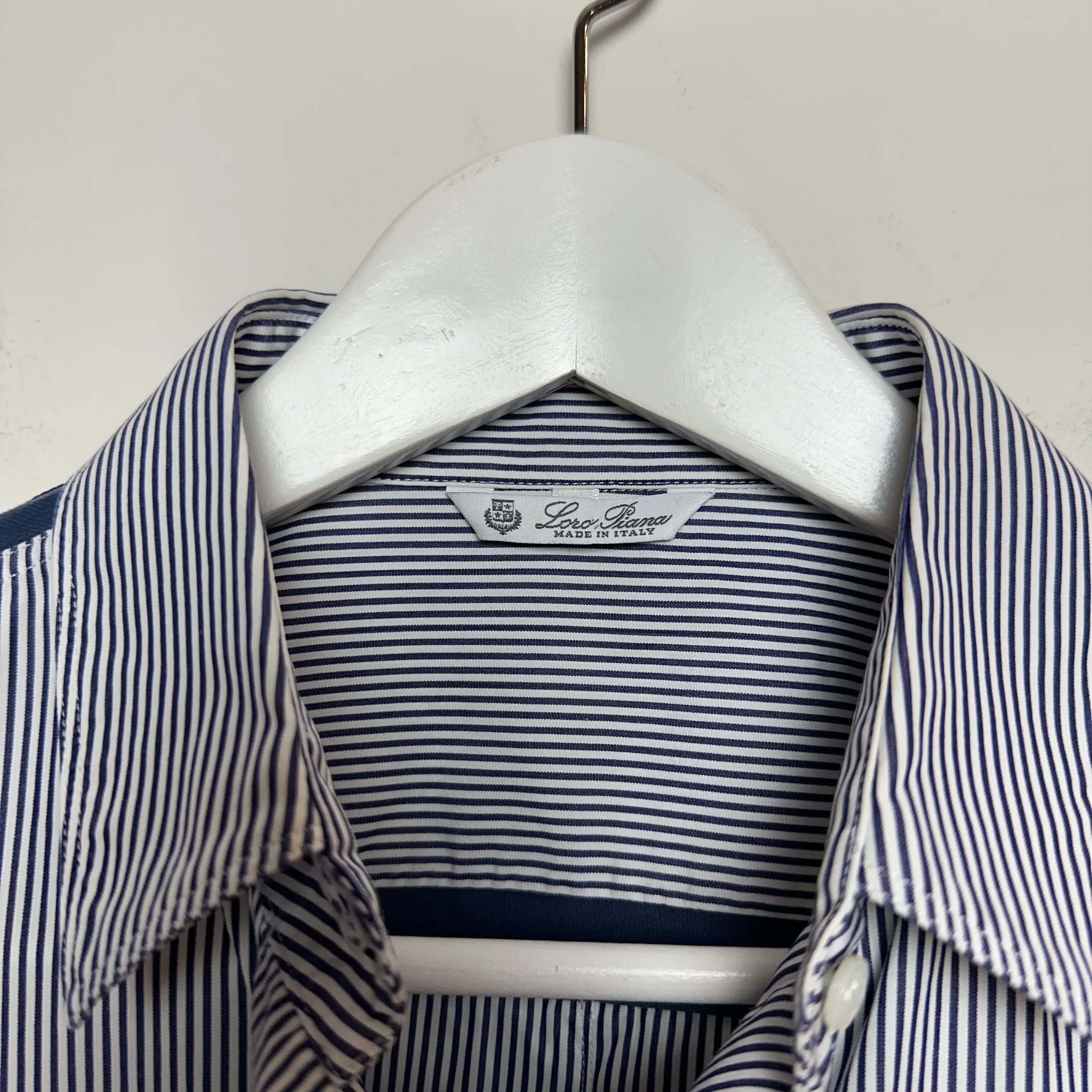 Loro Piana Button Up Shirt Collared Long Sleeve Striped Navy Blue and white Cotton Silk