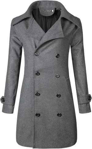 Lu's Chic Men's Long Sleeve Winter Trench Coat Full Length Top Coats Notch Lapel Double Breasted Dress Slim Fit Peacoat Business Pea Coat Warm Outerwear Long Jacket Wool Overcoat Grey Large