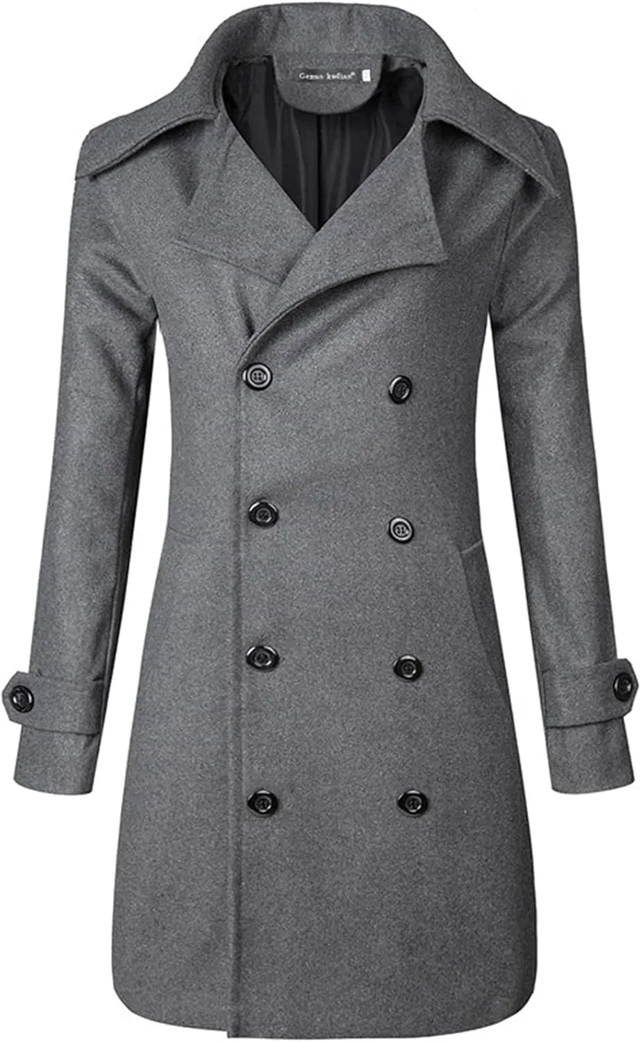 Lu's Chic Men's Long Sleeve Winter Trench Coat Full Length Top Coats Notch Lapel Double Breasted Dress Slim Fit Peacoat Business Pea Coat Warm Outerwear Long Jacket Wool Overcoat Grey Large