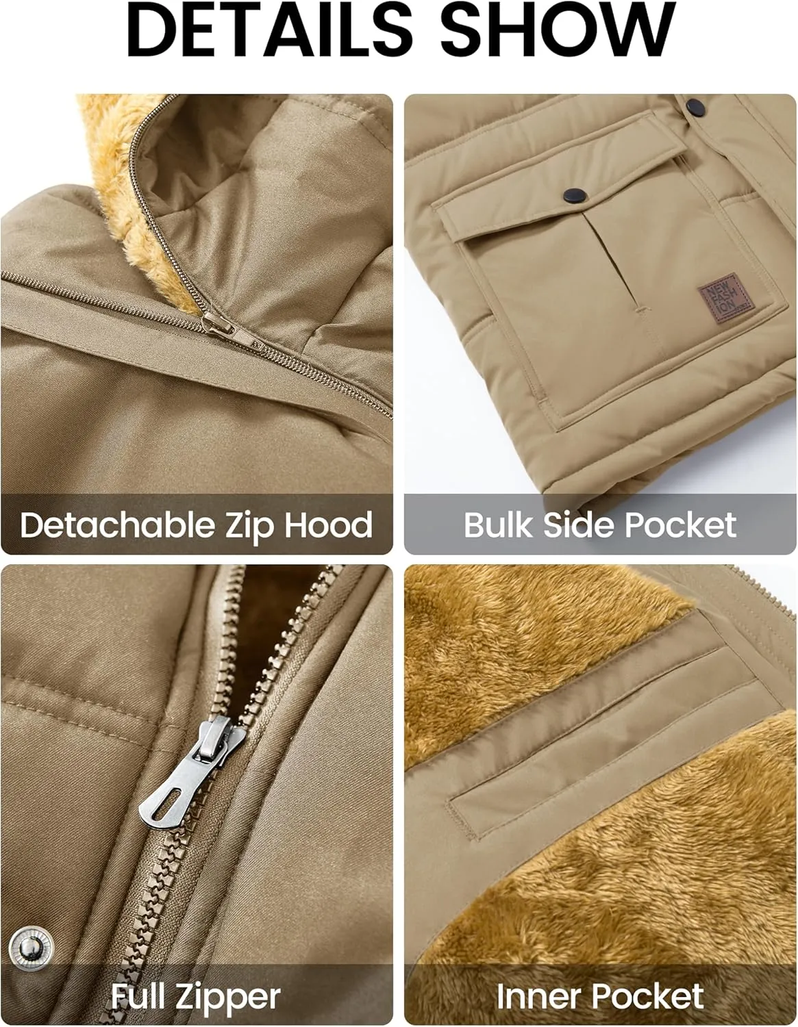 MAGCOMSEN Men's Fleece Lined Parka Jacket Hooded Puffer Jacket Warm Winter Coat Thicken Fur Jackets Windproof Coats