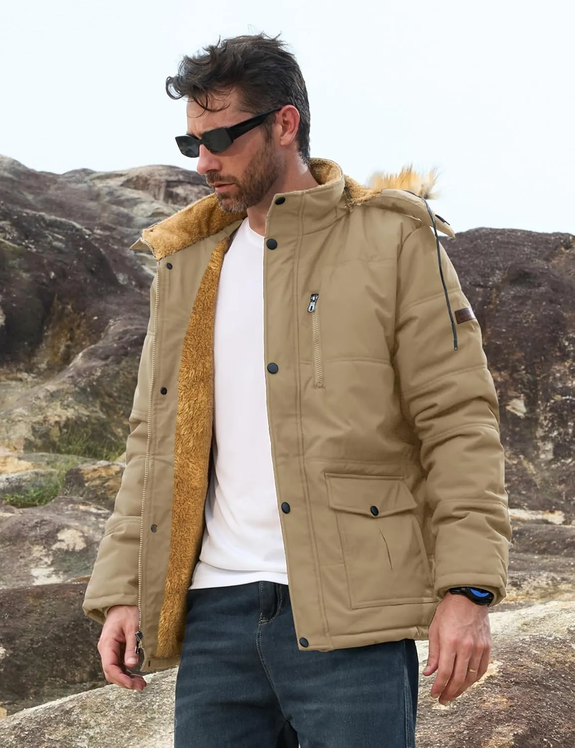 MAGCOMSEN Men's Fleece Lined Parka Jacket Hooded Puffer Jacket Warm Winter Coat Thicken Fur Jackets Windproof Coats