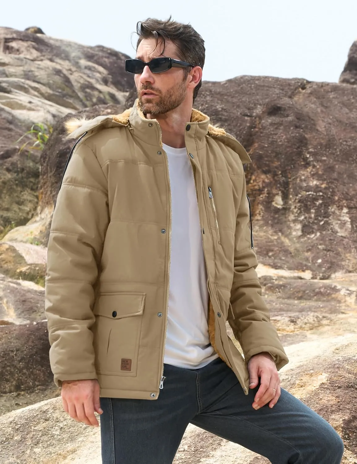 MAGCOMSEN Men's Fleece Lined Parka Jacket Hooded Puffer Jacket Warm Winter Coat Thicken Fur Jackets Windproof Coats