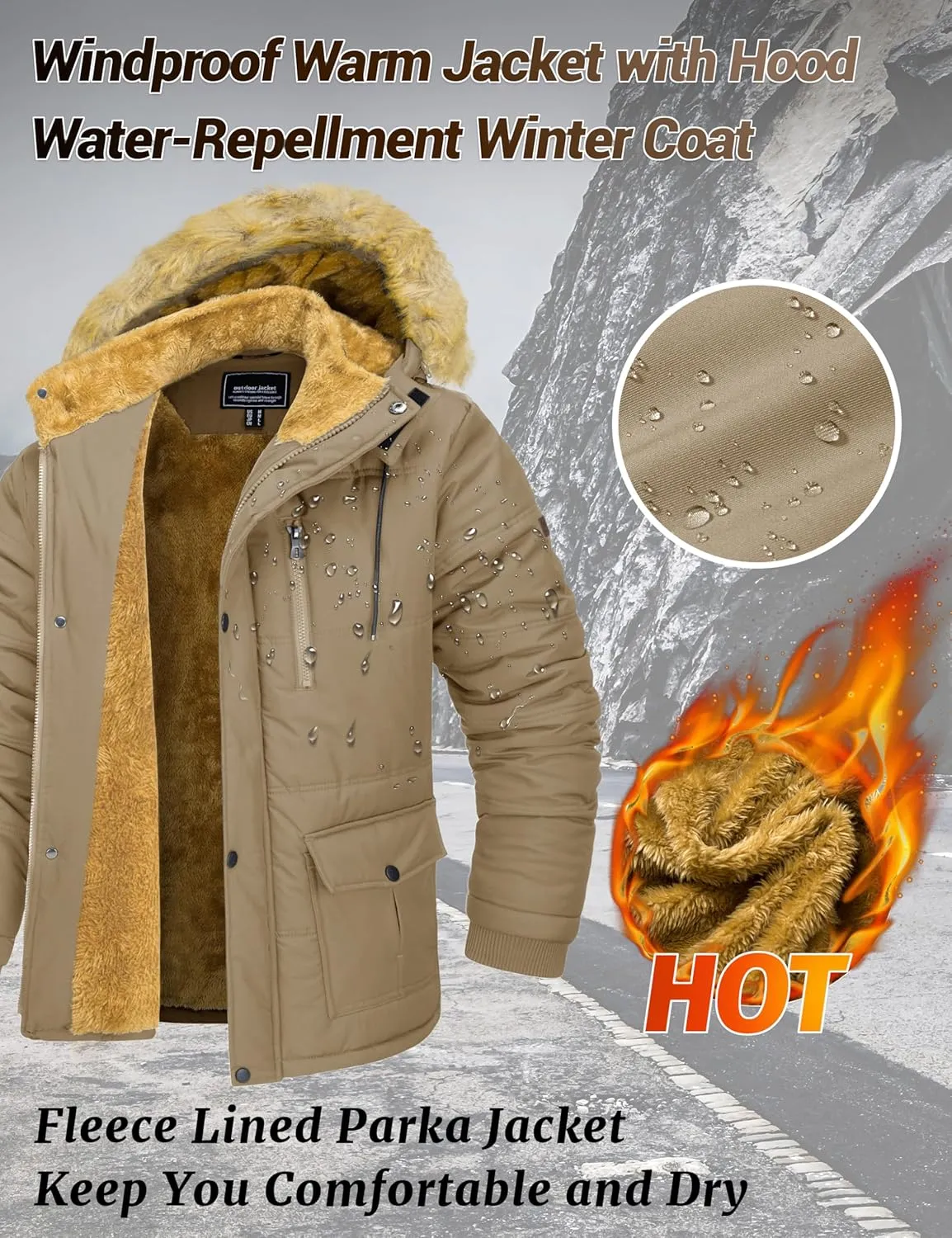MAGCOMSEN Men's Fleece Lined Parka Jacket Hooded Puffer Jacket Warm Winter Coat Thicken Fur Jackets Windproof Coats